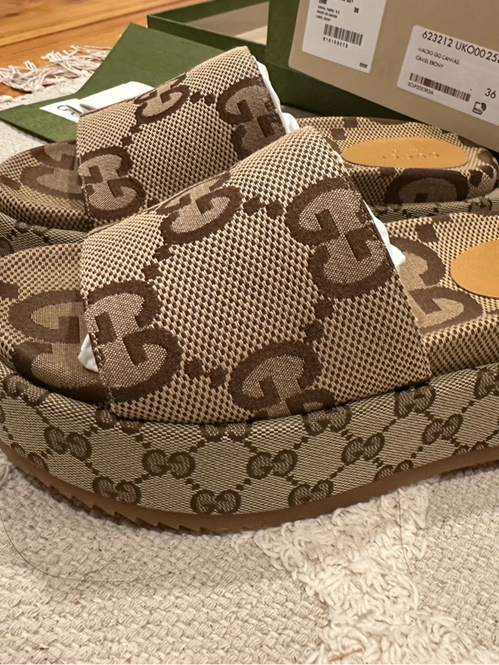 Gucci Camel Ebony GG Canvas Slide Sandals - Picture 2 of 7